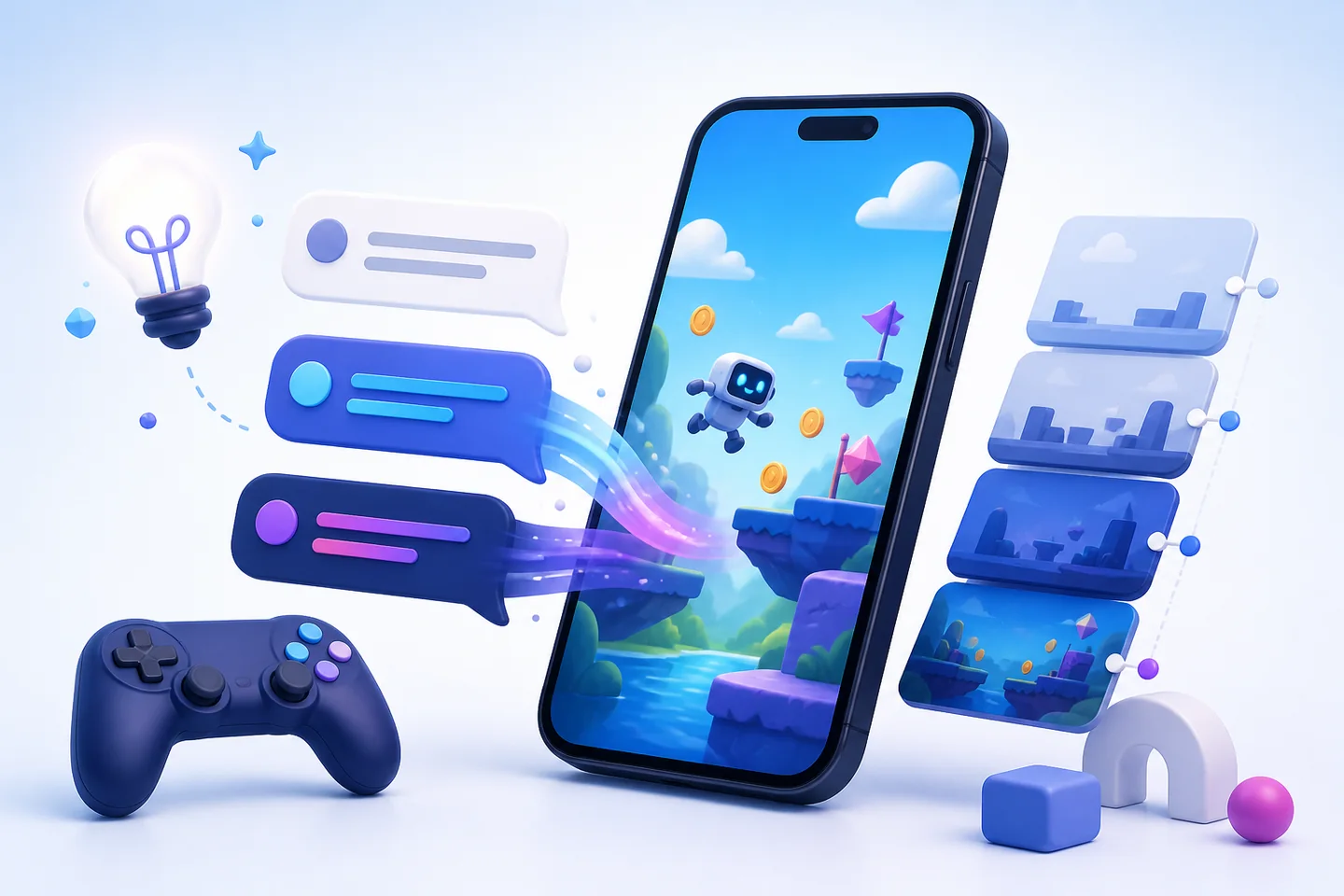 Illustration d’un téléphone où une conversation devient un jeu de plateformes et plusieurs versions successives.